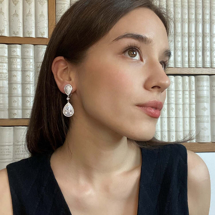 Loise Cubic Zirconium Pear Shape Drop Clip On Earrings