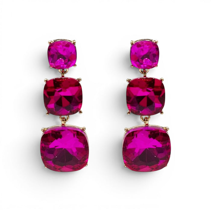 Mackenzie Triple Cushion Shape Fuchsia Drop Earrings