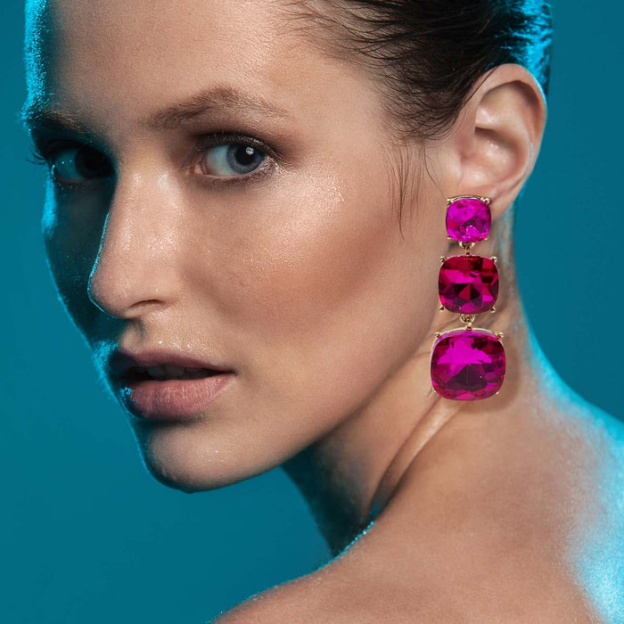 Mackenzie Triple Cushion Shape Fuchsia Drop Earrings