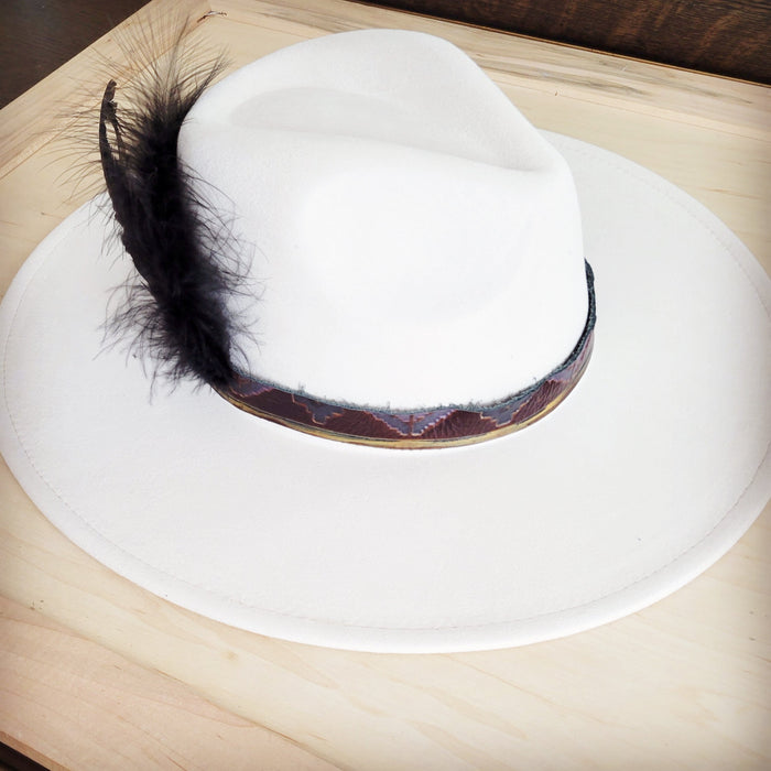 Southwest print leather hat band with real black feathers