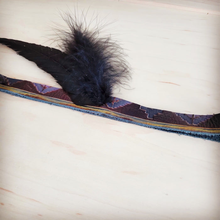 Southwest print hat band with black feathers, additional view