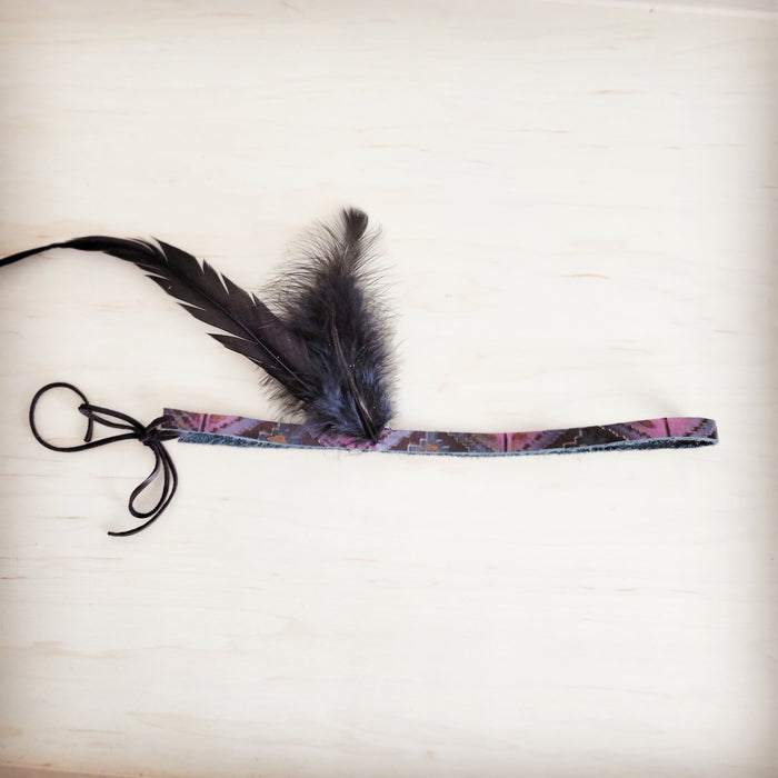 Southwest print hat band with black feathers, additional view