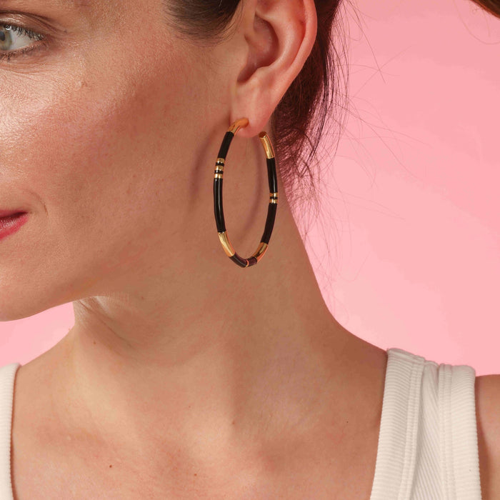 Mallory Black And Gold Stripe Hoop Earrings