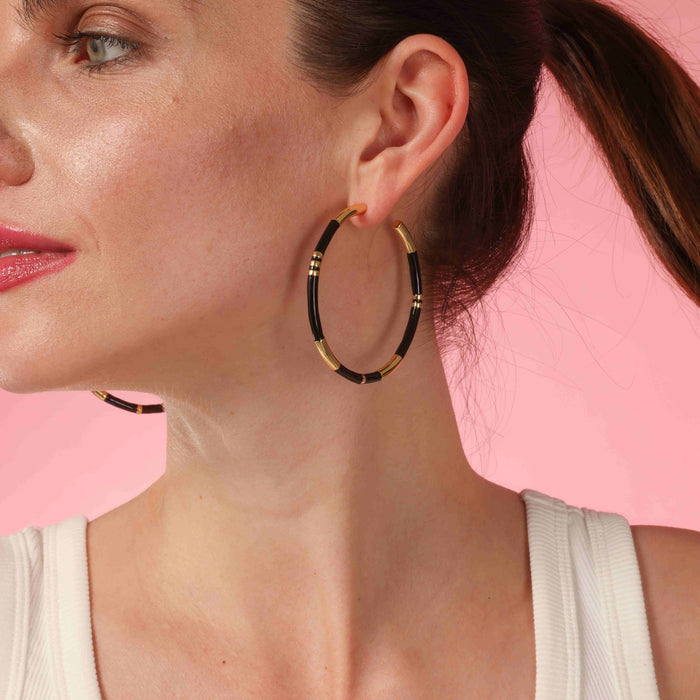 Mallory Black And Gold Stripe Hoop Earrings