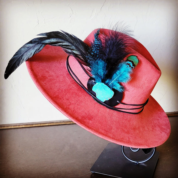 Marabou feather hat band with turquoise slab, additional view