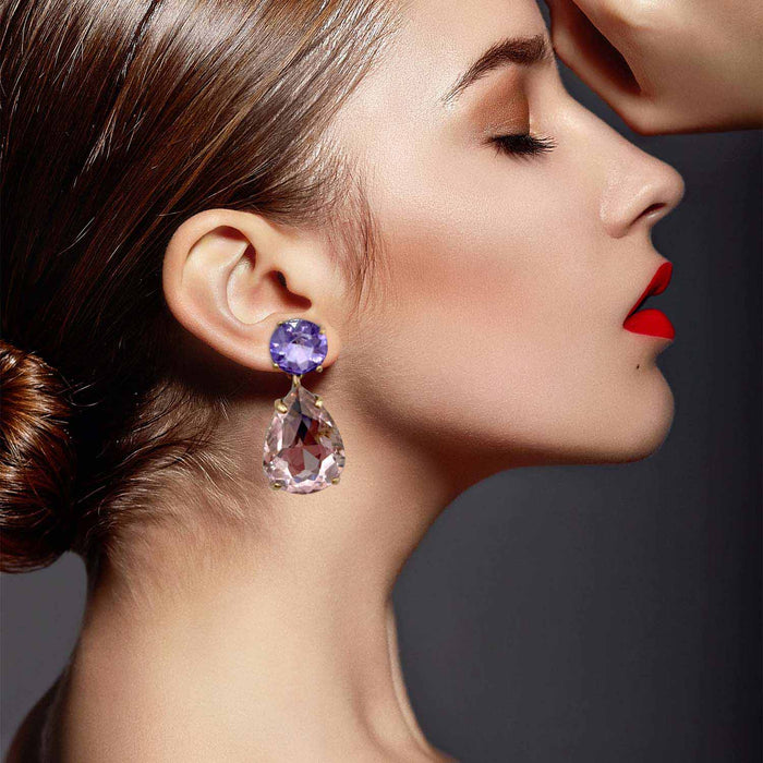 Marina Large Pear-Faceted Rose And Light Amethyst Crystal Drop Earrings In Brass With Gold Plating