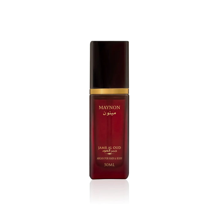 Maynon Jamr Al Oud luxury perfume bottle, 50ml, with gold accents on a white background