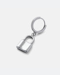 The Mini Padlock Earring is a sleek silver padlock charm suspended from a classic hoop, shown against a plain light gray background—an ideal men’s accessory with modern style.