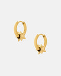 The "Morning Star" Earrings (Gold) are small 18k gold-plated hoops with spiked star-shaped charms, shown on a plain light gray background.