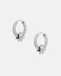 The "Morning Star" Earrings feature silver hypoallergenic stainless steel hoops with small spiked charms, are waterproof, and perfect for everyday wear. Shown against a light gray background.