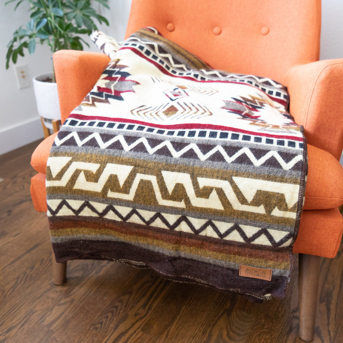 Cream, chocolate and wine geometric alpaca blanket, view 3