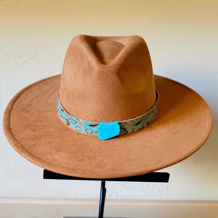 Napolis turquoise and brown leather hat band with a turquoise slab