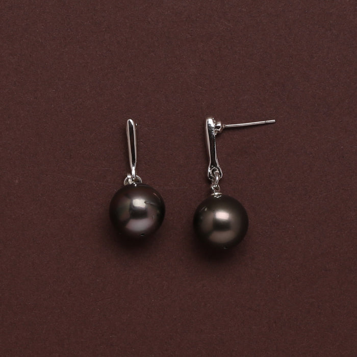 Natural-Color Black Tahitian Pearl Classic Dangle Earrings 11.0-12.0mm