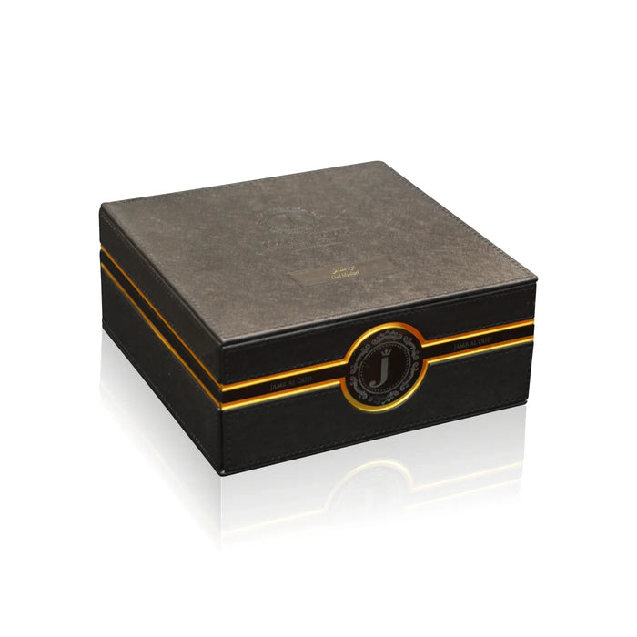 Luxury Jamr Al Oud Perfumes black gift box with gold and orange accents on white background