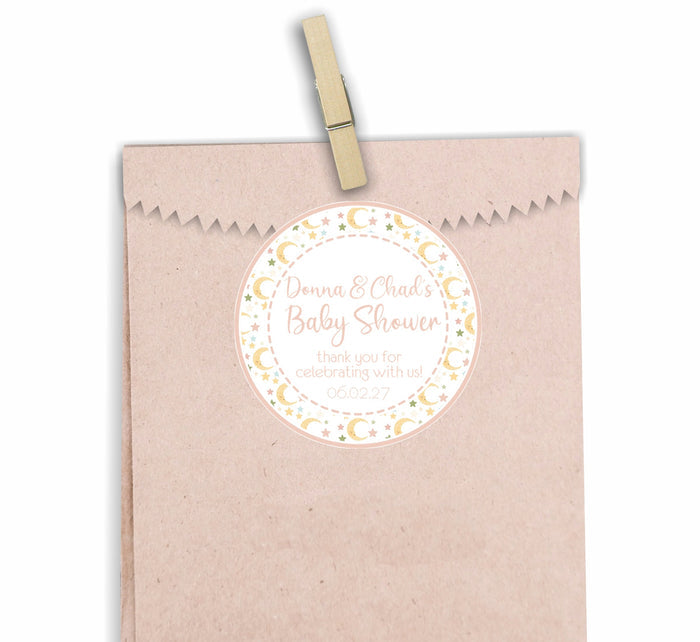Girls pink moon stars baby shower sticker