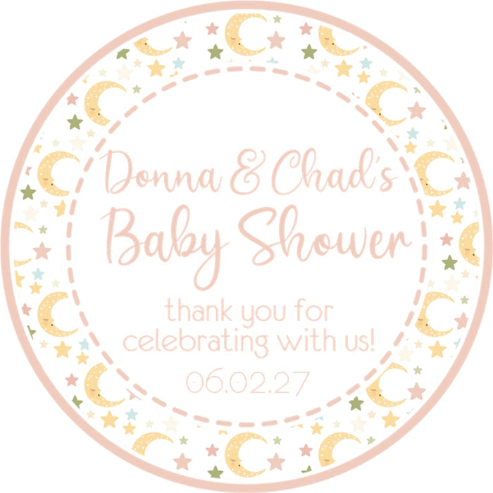 Neutral moon and stars baby shower sticker with pastel celestial theme