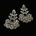 Pair of silver earrings with intricate designs on a dark background, branded 'Saheli'.