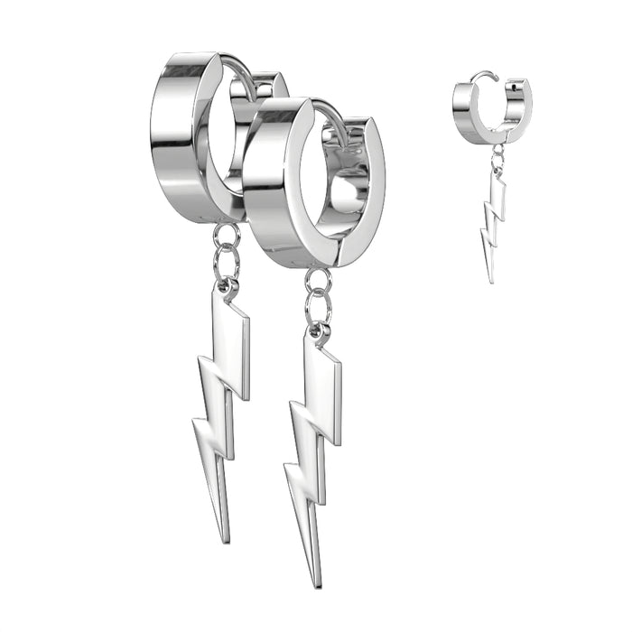 Pair of 316L Stainless Steel Hinged Hoop Earring With Lightning Bolt Dangle