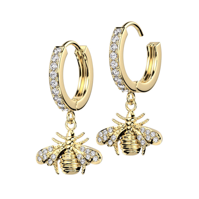 Pair of CZ Pavé Front Hoop Earrings with CZ Pavé Bee Dangle