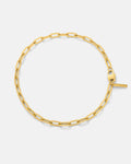 The Paperclip Chain (Gold) is an 18k gold plated bracelet with elongated rectangular links and a clasp, shown in a circular shape on a plain white background.