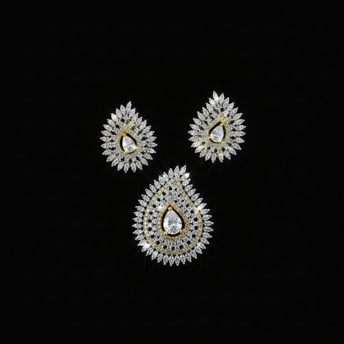 Diamond earrings on a dark background with 'Saheli' branding.
