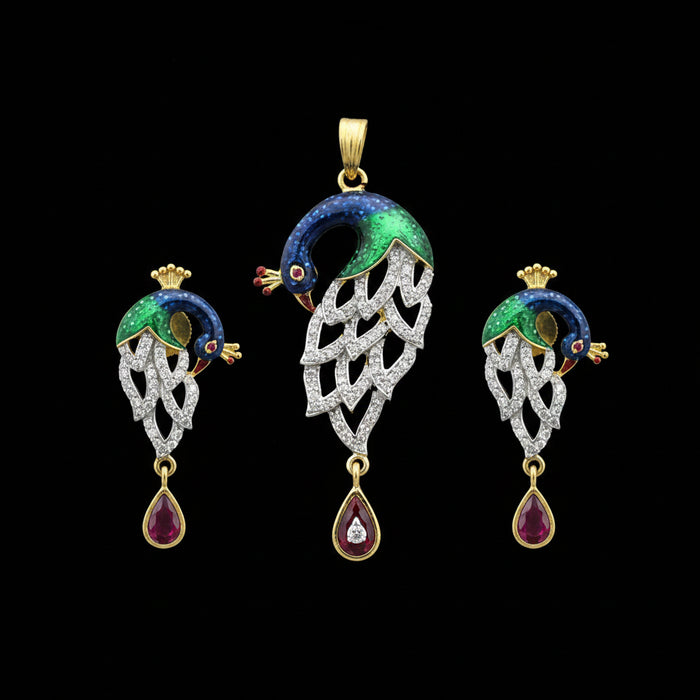 Pair of peacock-themed earrings with gemstones on a dark background, branded 'SAHELI'.