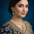 Pearl earrings with blue and gold accents on a dark background, branded 'Saheli'.