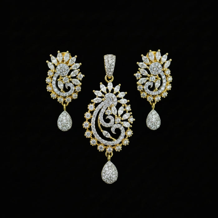 Gold and diamond earrings on a dark background with 'Saheli' branding.