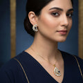 Pair of gold and blue gemstone earrings with a 'Saheli' tag on a dark background