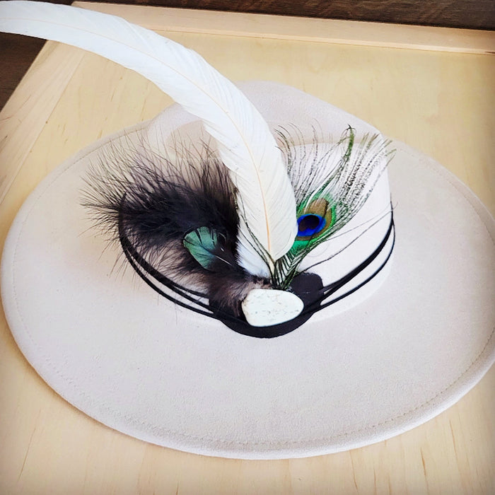 Peacock and white feather hat band with a turquoise slab