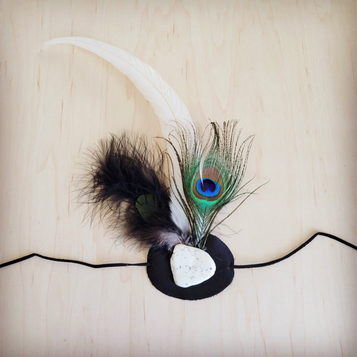 Peacock and white feather hat band, additional view