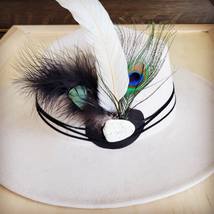 Peacock and white feather hat band, additional view