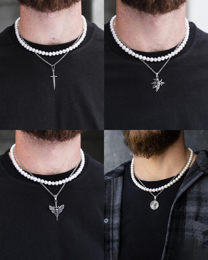 A collage shows Statement Collective’s Pearl Set (Custom Pendant Choice): freshwater pearl necklaces with silver cross, gothic, butterfly, and medallion pendants, worn over black shirts as stylish hypoallergenic jewelry.