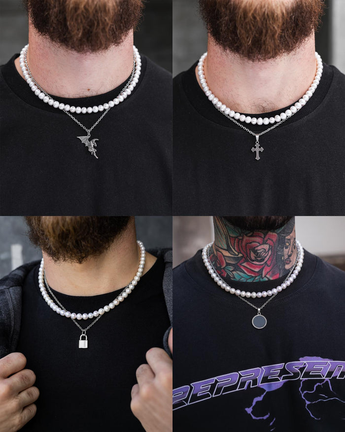 A collage highlights the Statement Collective Pearl Set (Custom Pendant Choice) with freshwater pearls and silver pendants—angel, cross, lock, and ring. Models in black shirts (one reads REPRESENT). Perfect for hypoallergenic jewelry fans.