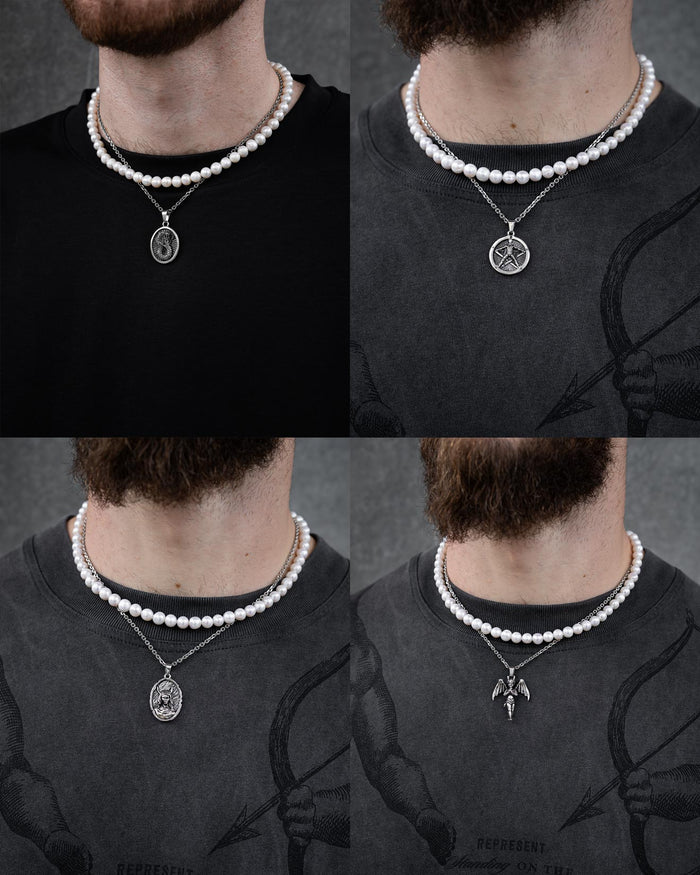 A collage of four close-ups shows a person wearing Statement Collective’s Pearl Set (Custom Pendant Choice)—a hypoallergenic freshwater pearl necklace with unique silver pendants, including a figure, star, and winged creature.
