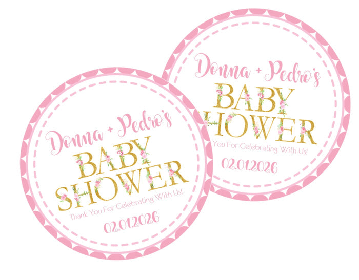Pink and gold baby shower sticker with small pink flower accents