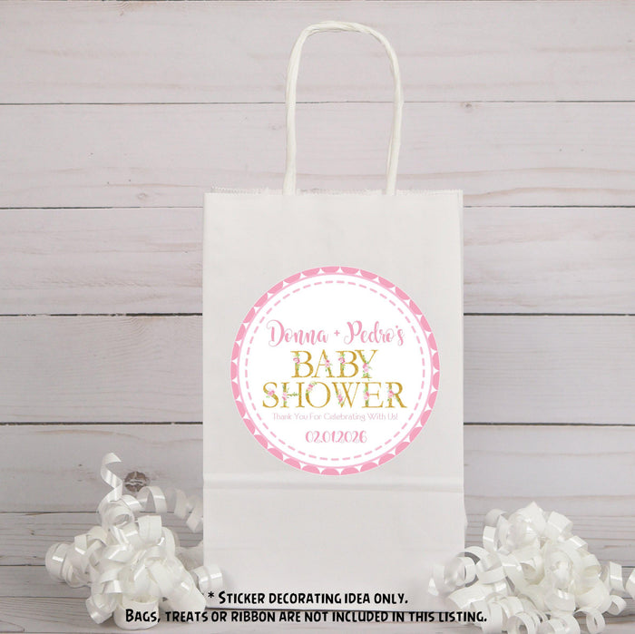 Personalized blush and gold floral favor sticker for baby shower bags