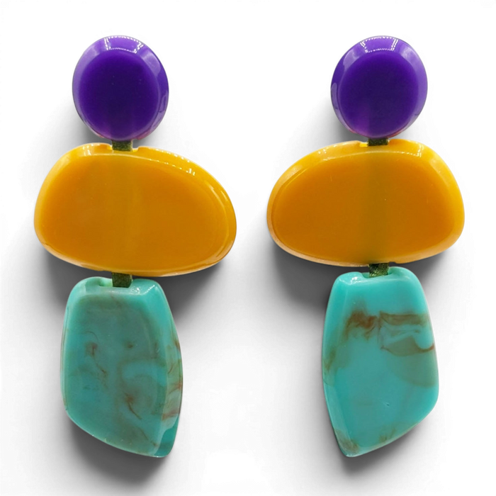 Puzzle Purple, Amber, Turquoise Multi Triple Drop Earrings