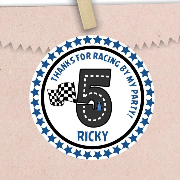 blue race track birthday sticker with number design
