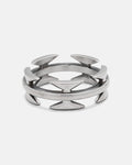 Introducing the Razor Wire Ring by Statement Collective—a silver ring with dual bands adorned with evenly spaced, outward-facing arrowhead shapes, forming a modern geometric design. This razor wire ring offers an edgy accent to any streetwear jewelry collection.