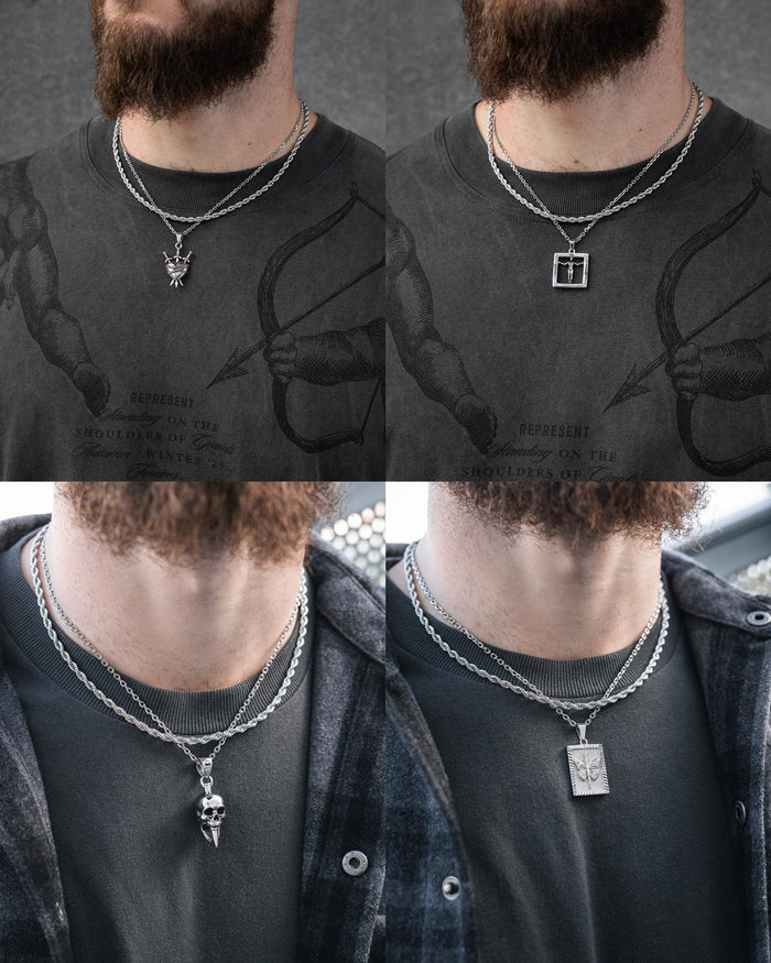 Four close-up images show a bearded man wearing the Statement Collective Rope Set (Custom Pendant Choice), featuring layered stainless steel necklaces with various pendants. Hypoallergenic jewelry to match any style.