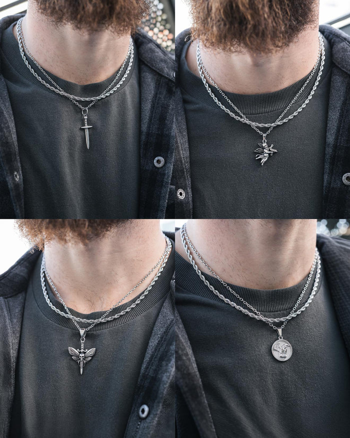 A collage of four close-ups features a person wearing Statement Collective's Rope Set (Custom Pendant Choice), hypoallergenic stainless steel necklaces with different pendants: sword, dragon, moth, and a medallion with a face.