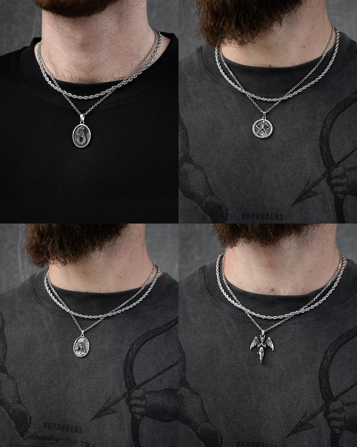 Four close-up images show someone wearing Statement Collective’s Rope Set (Custom Pendant Choice): layered stainless steel, hypoallergenic necklaces with rope chains and pendants like a skull, pentagram, knight, and winged creature against dark shirts.