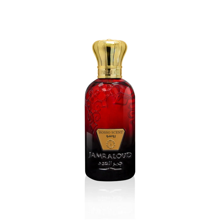 Jamr Al Oud Rosso Scent luxury perfume bottle with gold crown cap on white background