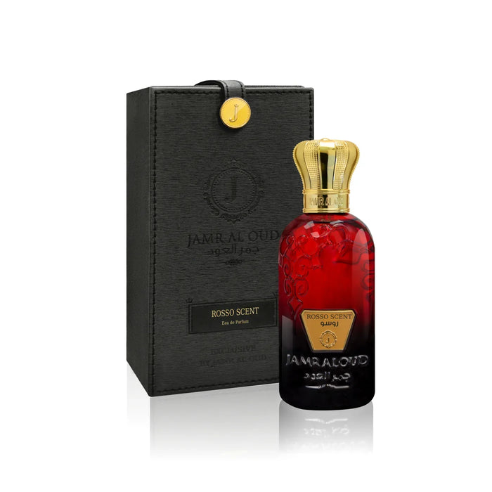 Jamr Al Oud Rosso Scent luxury perfume bottle with gold cap and black gift box