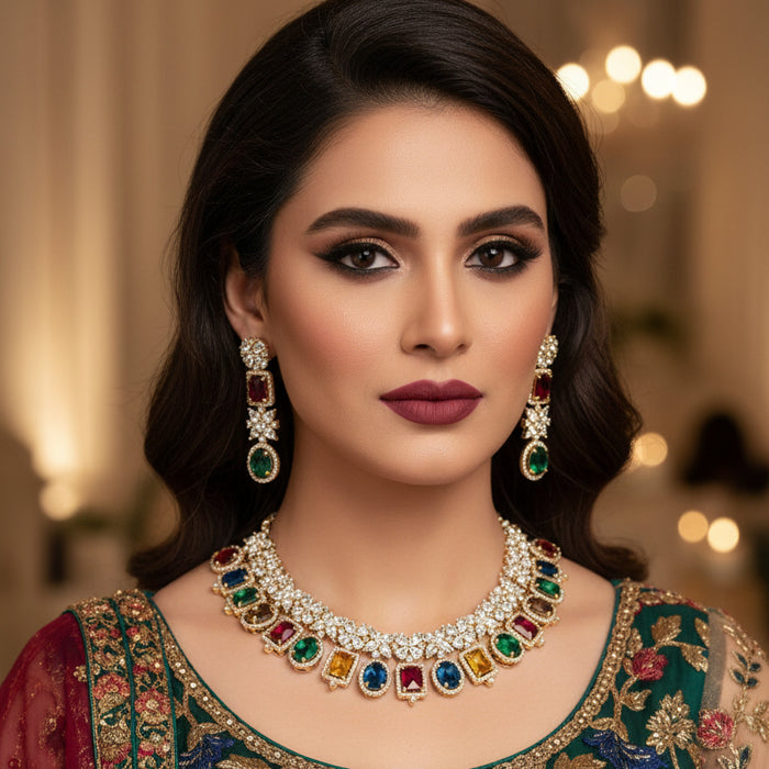 Jewelry set with necklace and earrings featuring multicolored gemstones on a dark background.
