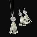Pearl tassel necklace and earrings on a reflective surface
