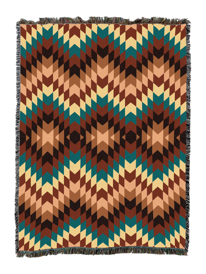 Sandy cotton throw in the Peach colorway, a flame stitch zigzag of peach, tan and teal with dark brown peaks