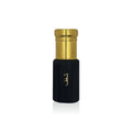 Luxury Jamr Al Oud black perfume bottle with gold cap and Arabic script on white background