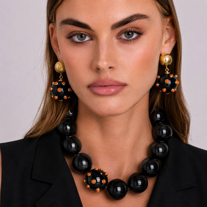 Sienna Black And Carnelian Studded Ball Drop Earrings